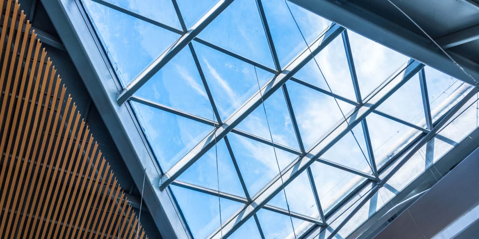 A glass triangular ceiling.