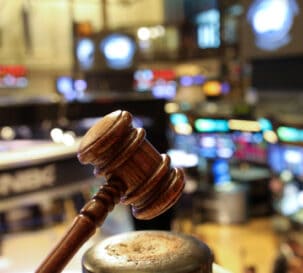 New York Stock Exchange's gavel details with blurry background.