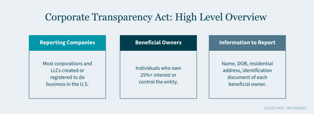 Graphic provides a high level overview on the Corporate Transparency Act, defining reporting companies, beneficial owners, and information to report