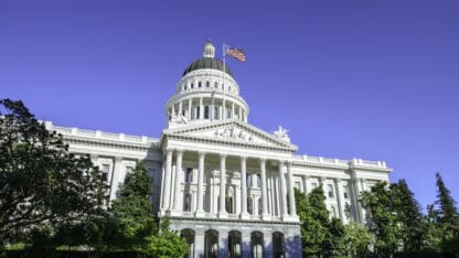 Front facade of the California State Capitol in Sacramento, CA.