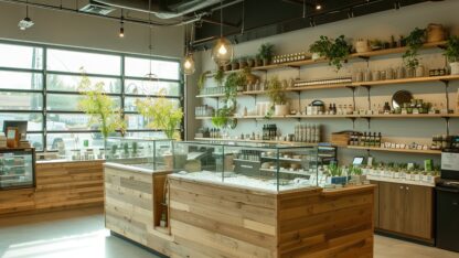 Interior of a modern cannabis dispensary facility. Filled displays and counters with product.