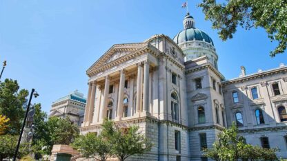 The front facade of the Indiana Statehouse.