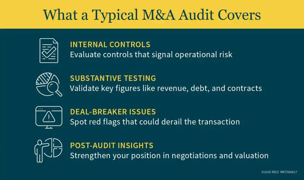 Graphic showing some typical aspects of an M&A audit, including internal control evaluation and substantive testing