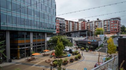 Second level view of the large urban shopping center in downtown area