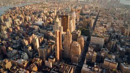 Aerial view at sunset of Manhattan below 30th Street (along 5th Avenue)