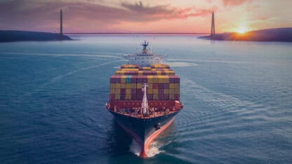 Aerial view of container ship in international waters
