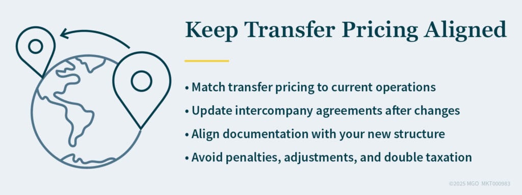 Graphic showing tips for keeping transfer pricing aligned, such as updating intercompany agreements after changes