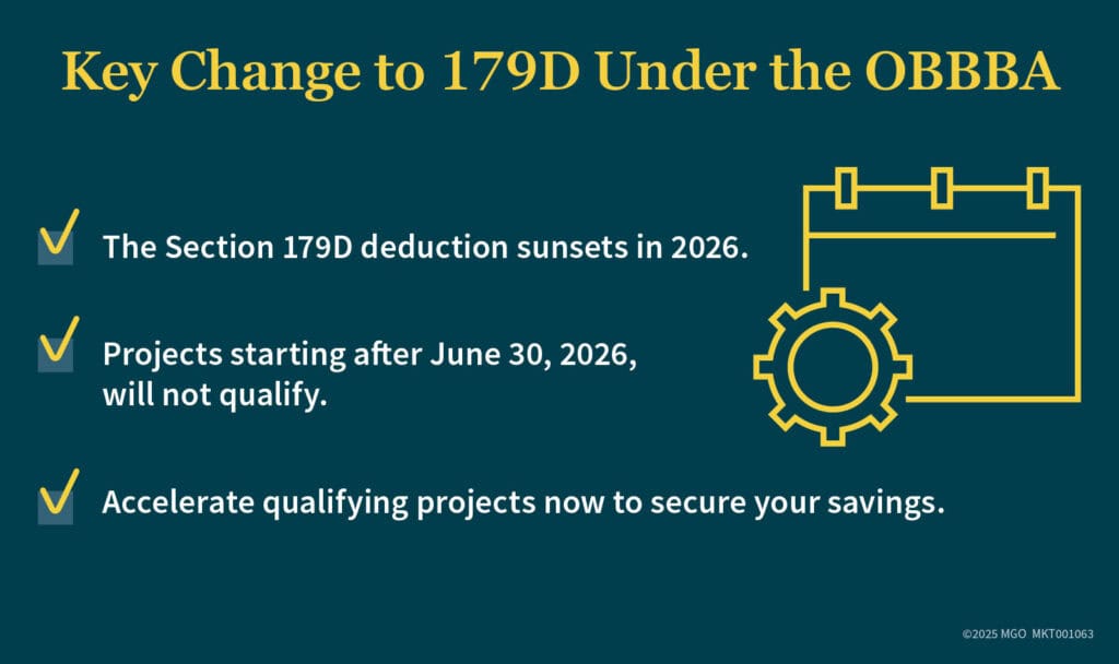 Graphic showing how the One Big Beautiful Bill Act (OBBBA) changed 179D, sunsetting the deduction in 2026 so projects starting after June 30, 2026, will not qualify