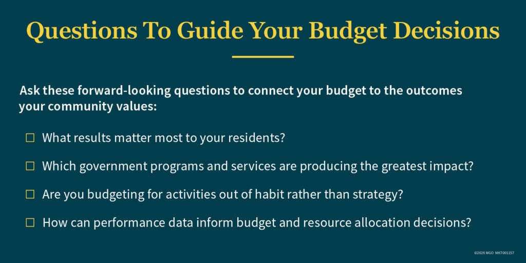 Graphic showing four forward-looking questions to connect your government's budget to the outcomes your community values