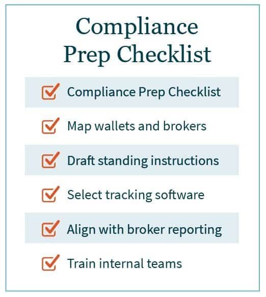 Checklist of items to prepare for compliance with IRS regulations requiring businesses to track the basis of digital assets using a wallet-by-wallet method