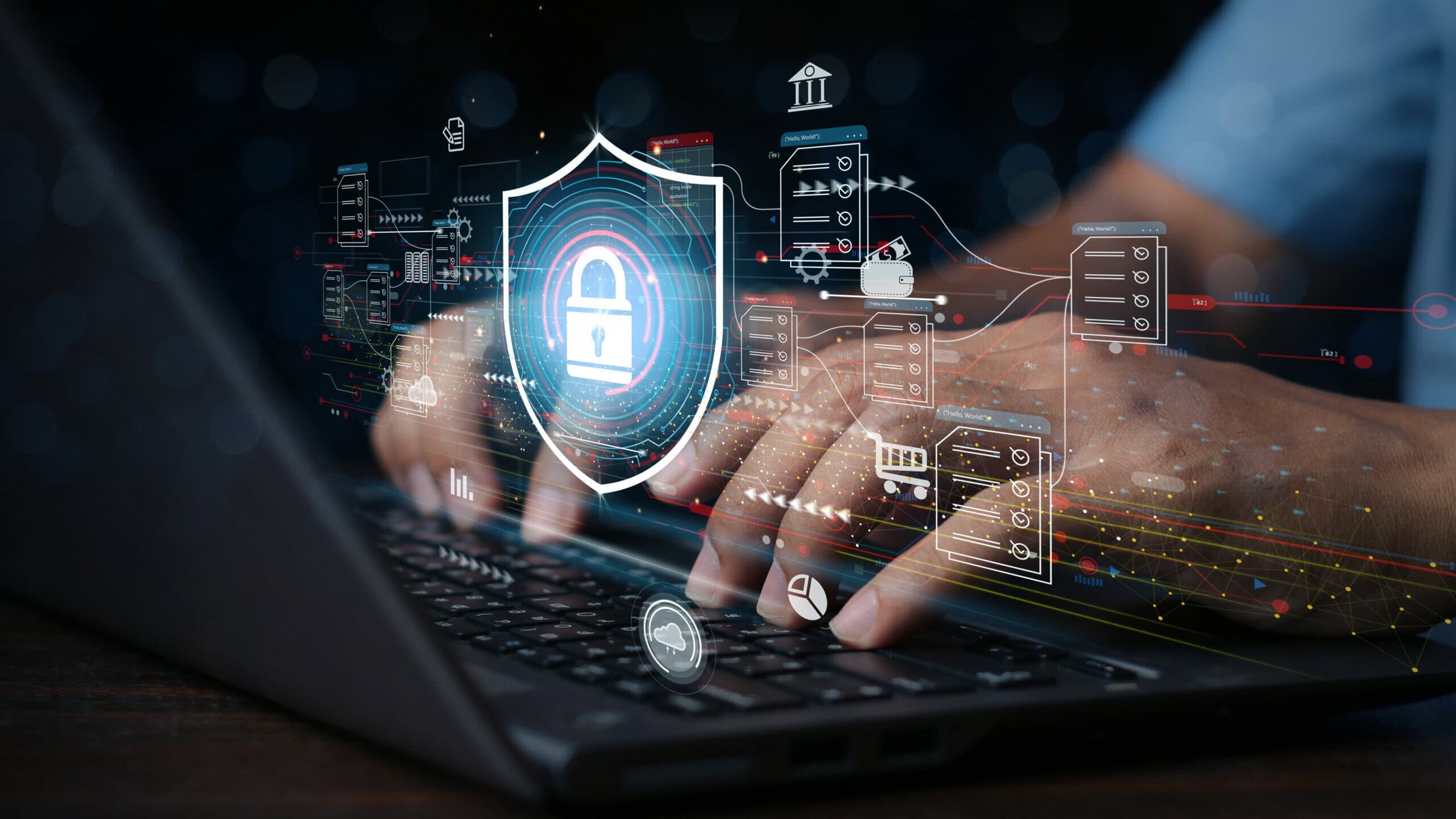 Hands typing with lock logo representing how too many tools can actually weaken cybersecurity