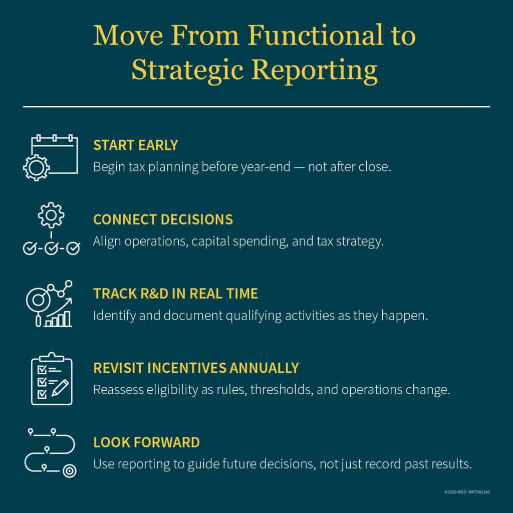 Graphic showing tips to help your winery move from functional financial reporting to strategic reporting (designed to inform decisions)