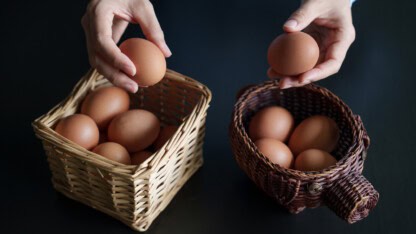 Eggs being held above a pair of baskets representing rules for handling forfeiture accounts