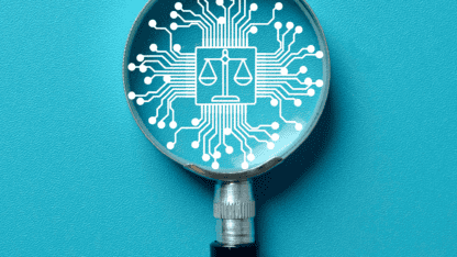Magnifying glass looking at circuits representing honing in on CCPA expansion, AI governance rules, and growing compliance risk