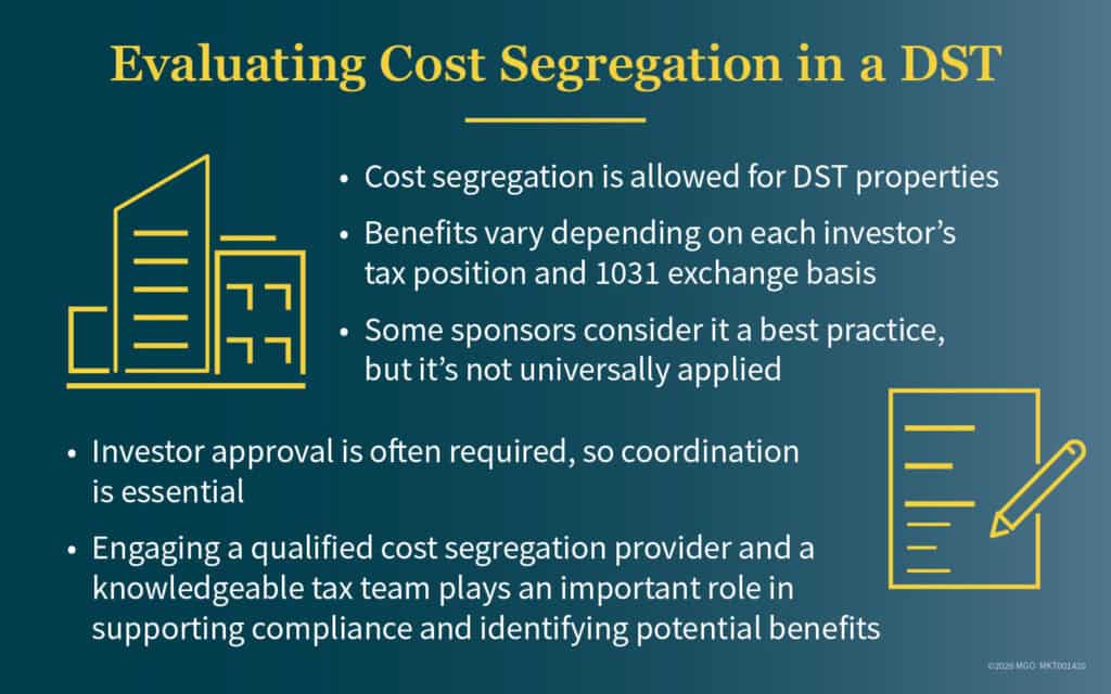 Graphic showing summary points of cost segregation in a Delaware Statutory Trusts (DSTs)