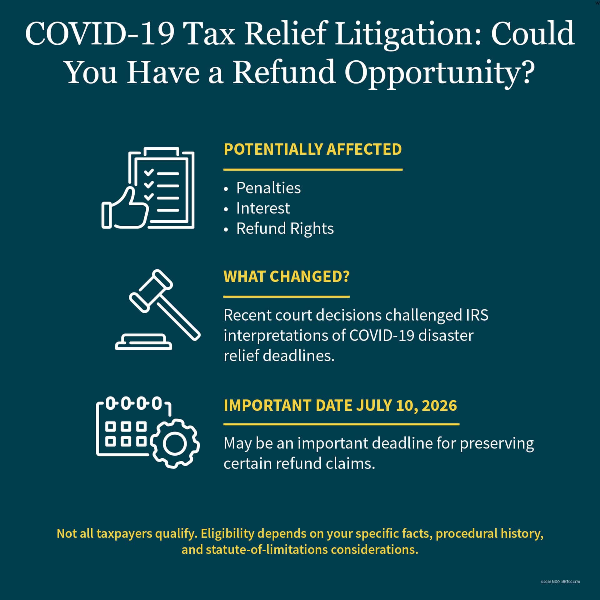 Graphic showing how recent court decisions challenged IRS interpretations of COVID-19 disaster relief deadlines, potentially affecting penalties, interest, and refund rights