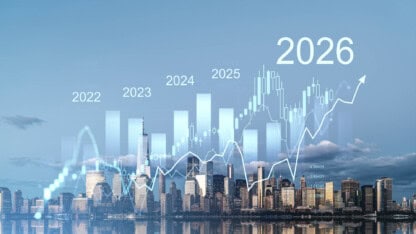 Multiple graphs overlaid on a city skyline.