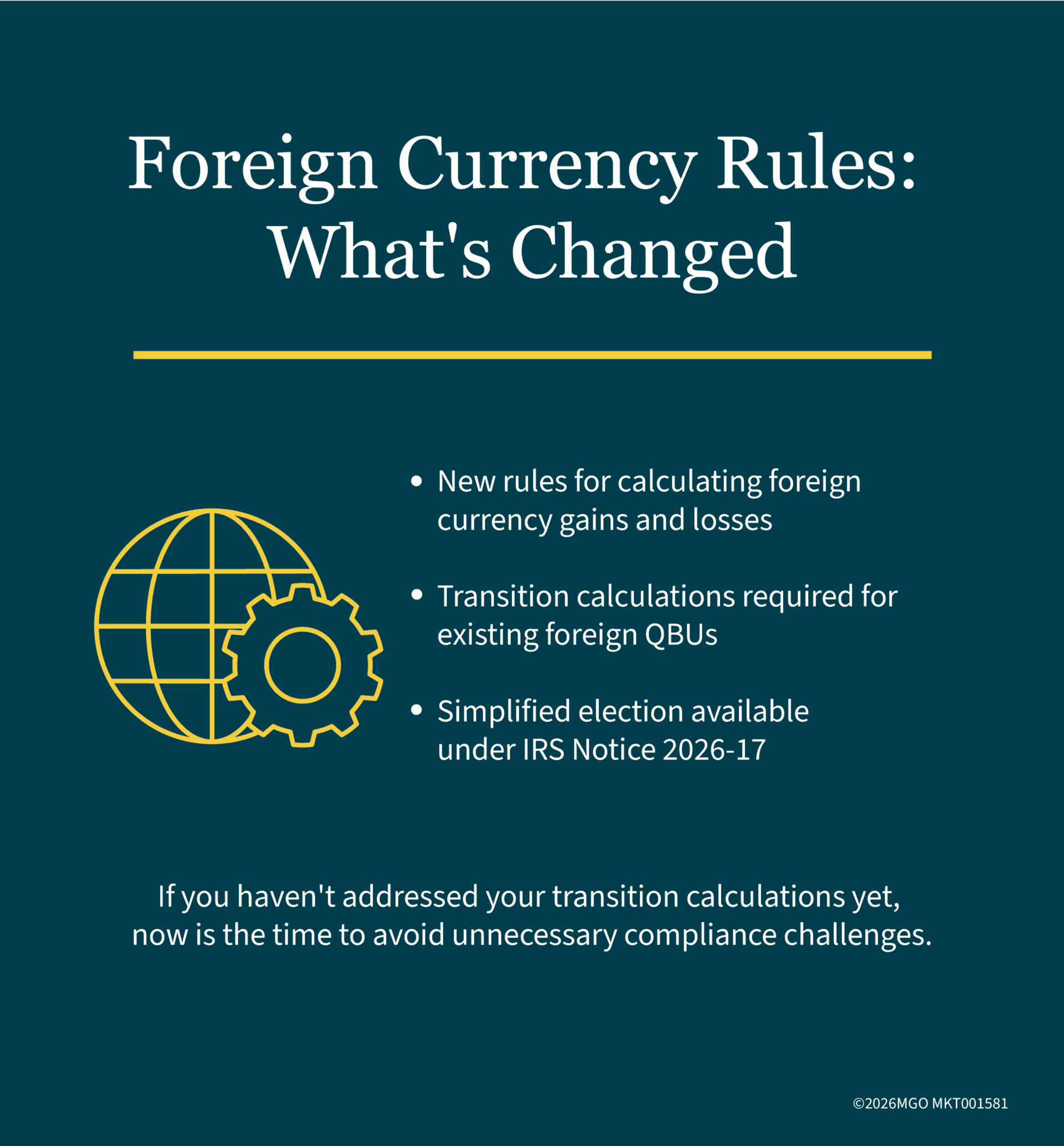 Graphic showing what has changed with the IRS's new 987 regulations for foreign currency reporting requirements