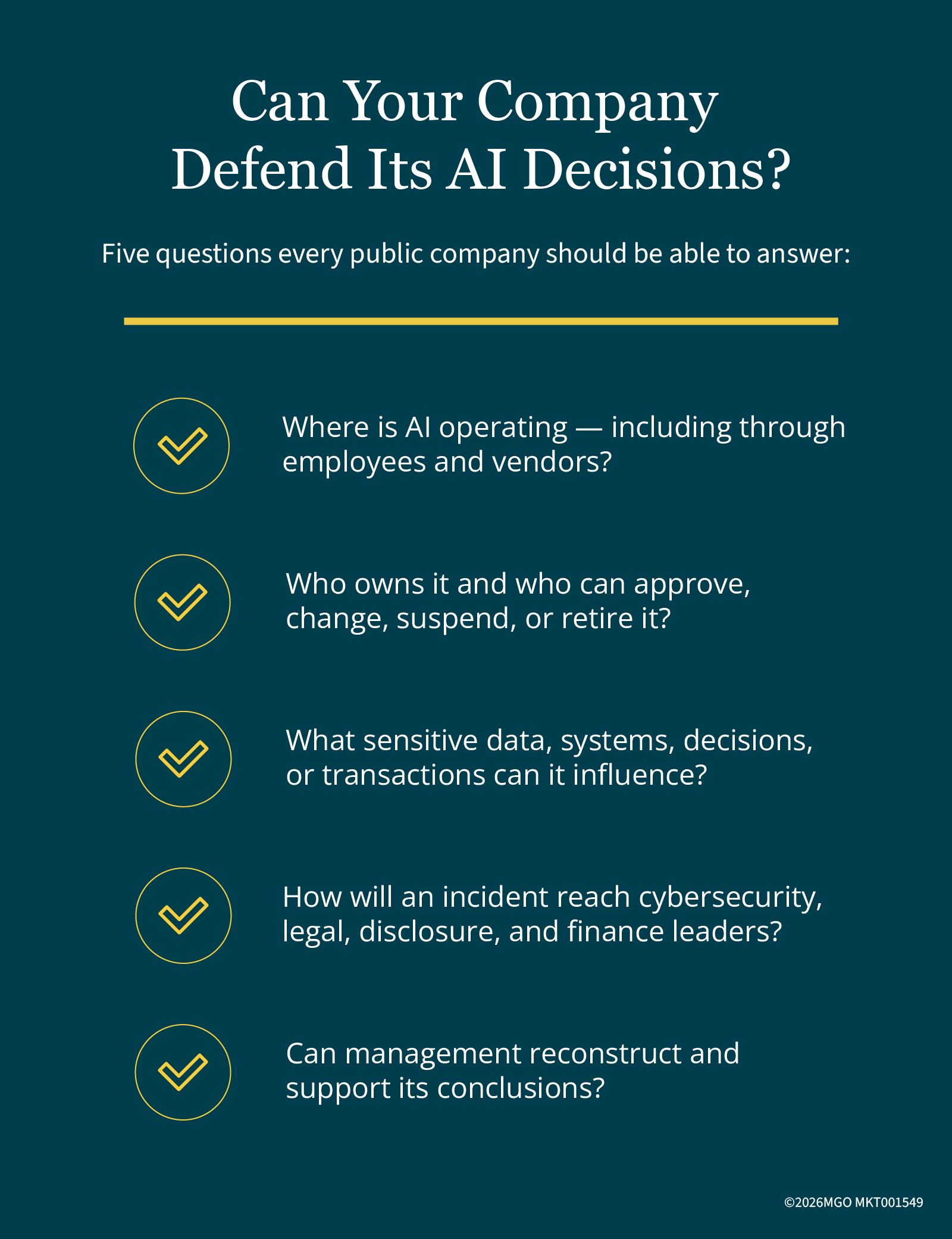 Can Your Company Defend Its AI Decisions? Graphic showing five questions every public company should be able to answer about AI