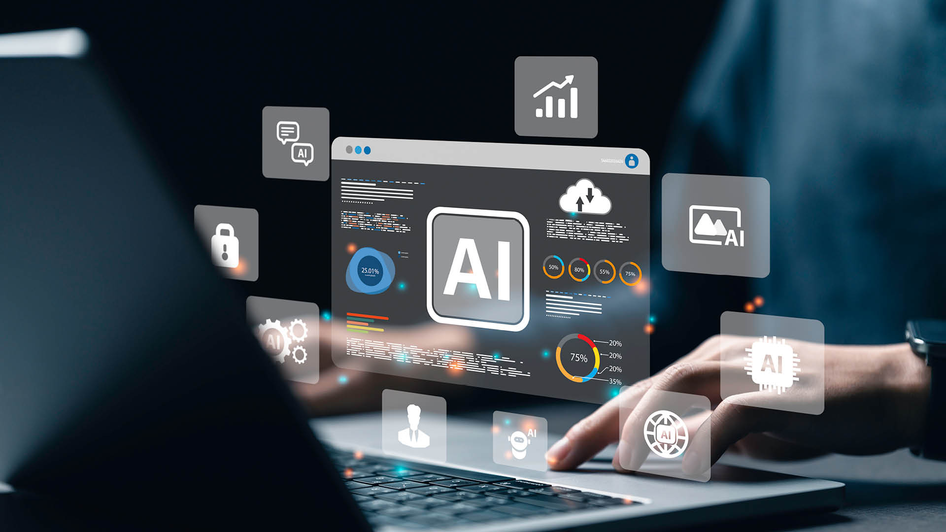 Person using a laptop with an AI dashboard and floating technology icons.
